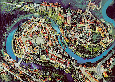 Panoramatick senzitivn mapa historickho centra regionu esk Krumlov. Mapu pro OIS poskytnulo Vydavatelstv UNIOS.